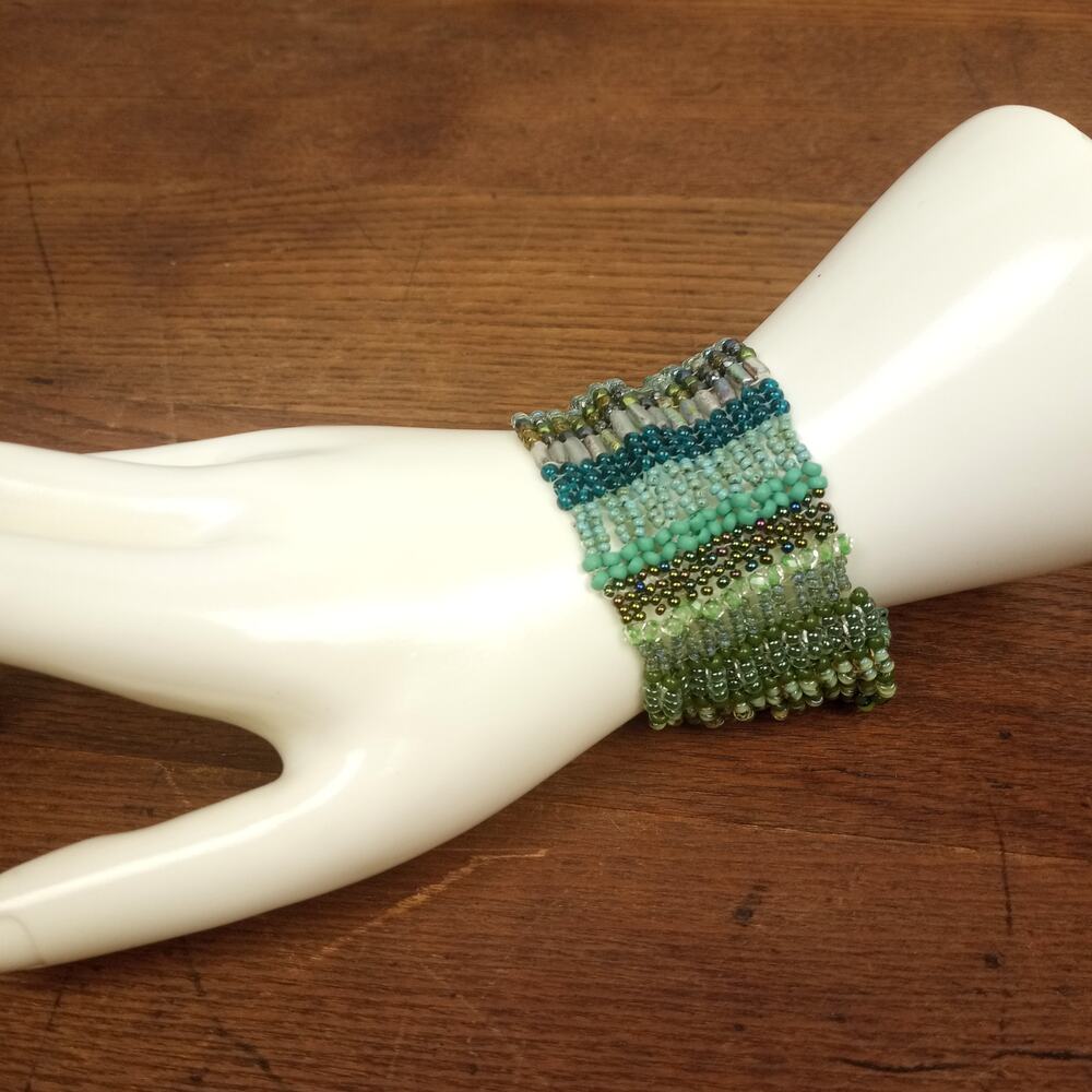 HANDMADE~Shades of Green Free Form Herringbone Cuff Bracelet. 7ยฝ"-10"